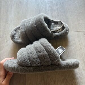 UGG Gray Fluffy Slide Slippers